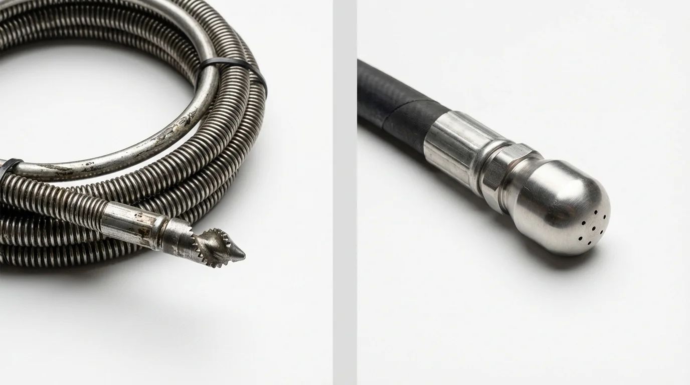 Drain snake cable and hydro jetting nozzle used for drain cleaning in Newport, OR