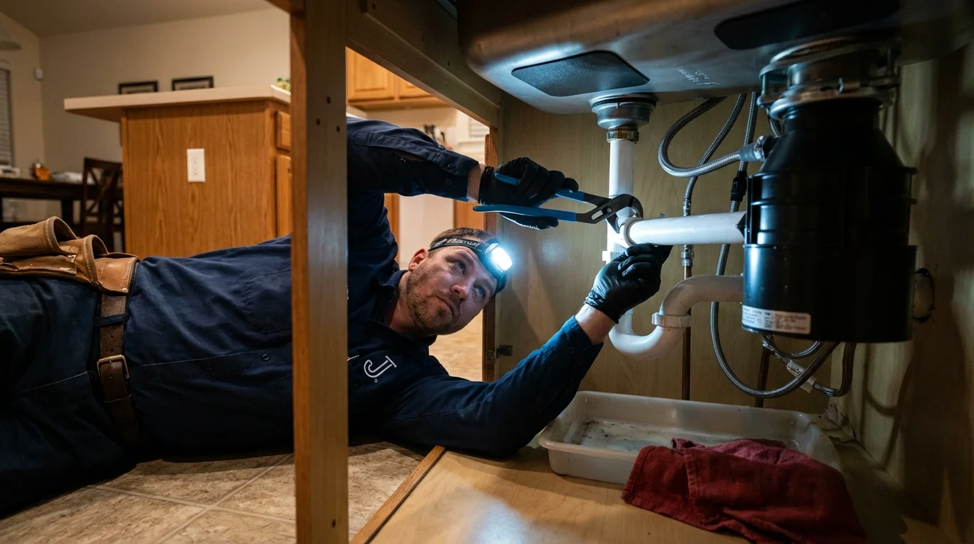 P-trap and supply line connections under a kitchen sink showing a common leak point in Newport, OR